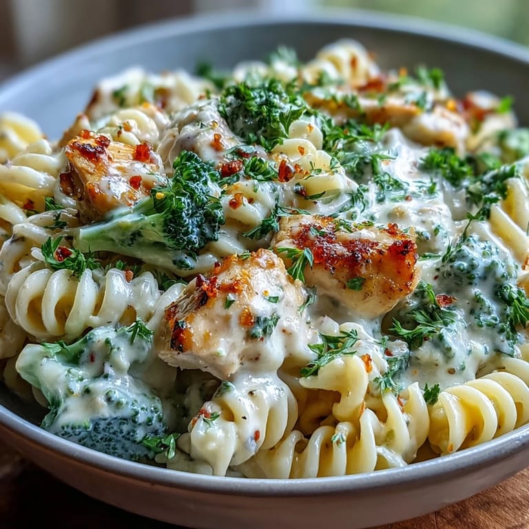 Savory Garlic Parmesan Broccoli & Chicken Pasta in a skillet, topped with fresh parsley and extra Parmesan cheese.