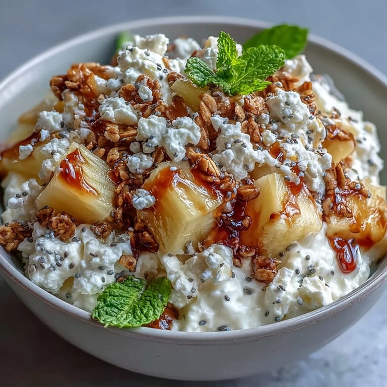 Healthy Cottage Cheese Breakfast Bowl with Pineapple and Granola, featuring juicy fruit and crunchy toppings in a white bowl.