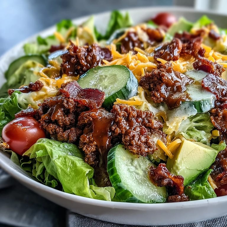 Serving suggestion for Keto Bacon Cheeseburger Salad with avocado cubes and pickles, perfect for a hearty gluten-free main dish.