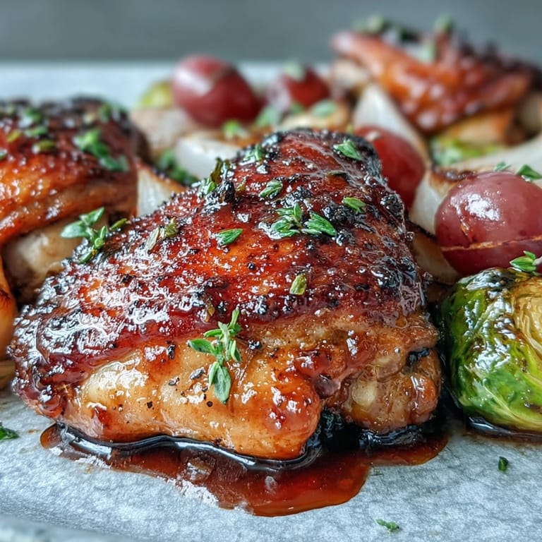 Vibrant one-pan meal of balsamic-glazed chicken thighs nestled among roasted Brussels sprouts and juicy red grapes, bursting with flavor.