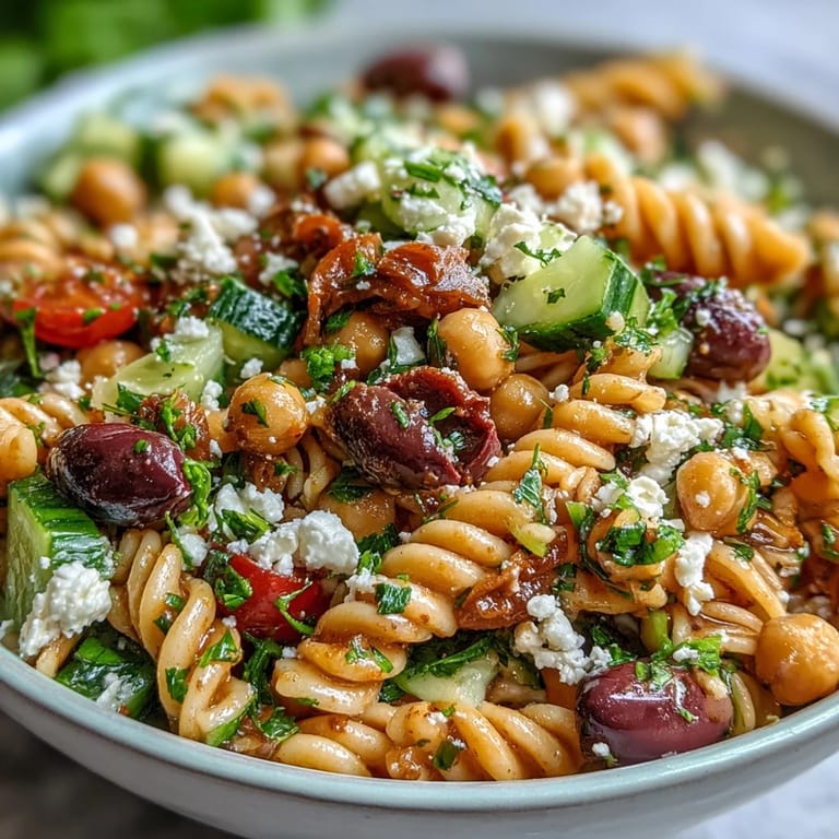 A refreshing Mediterranean pasta salad with al dente penne, crisp cucumber, juicy cherry tomatoes, briny olives, and crumbled feta, dressed in zesty lemon vinaigrette.  