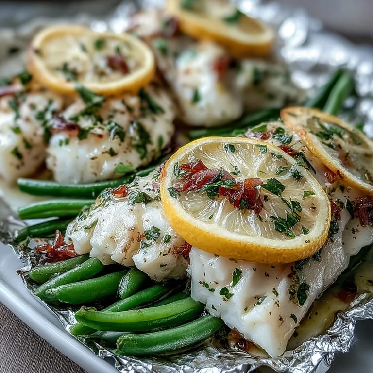 Tender tilapia fillets with green beans and red onion, steamed in lemon-garlic marinade for a light meal.  