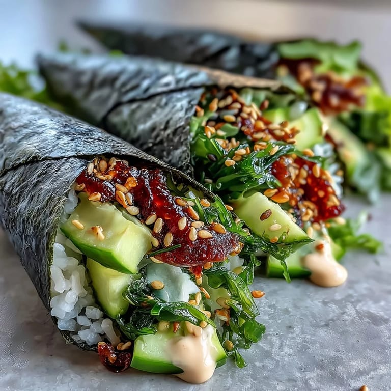 Colorful seaweed salad sushi hand rolls served with spicy mayo drizzle, toasted sesame seeds, and pickled ginger on the side for a fresh Japanese appetizer.