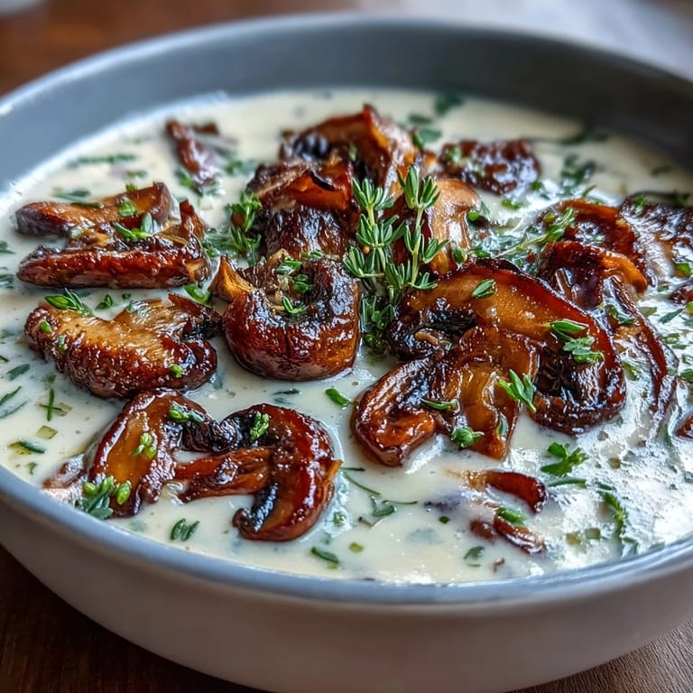 Silky wild mushroom bisque, simmered to perfection with aromatic leeks and thyme, served with a garnish of sautéed wild mushrooms.