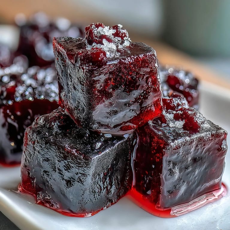 Stack of Black Currant & Licorice Chewy Candies on a cutting board, highlighting glossy texture and bold, nostalgic flavors.