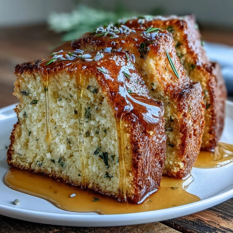 Fluffy lavender cake topped with a glossy salted honey glaze, perfect for elegant tea parties.