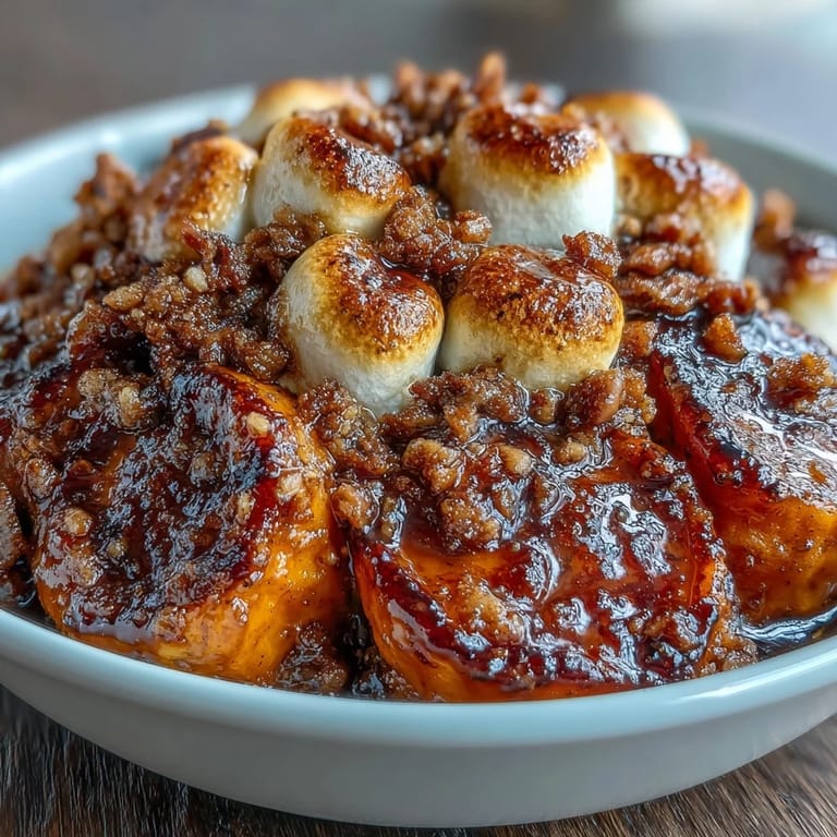 Sweet potatoes baked in brown sugar glaze, finished with toasted marshmallows and nutty pecan crumble.