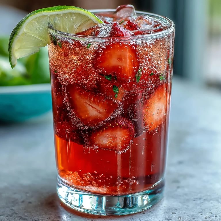 Refreshing strawberry lemonade mocktail with sparkling water, garnished with lemon and strawberries, served over ice in tall glasses.