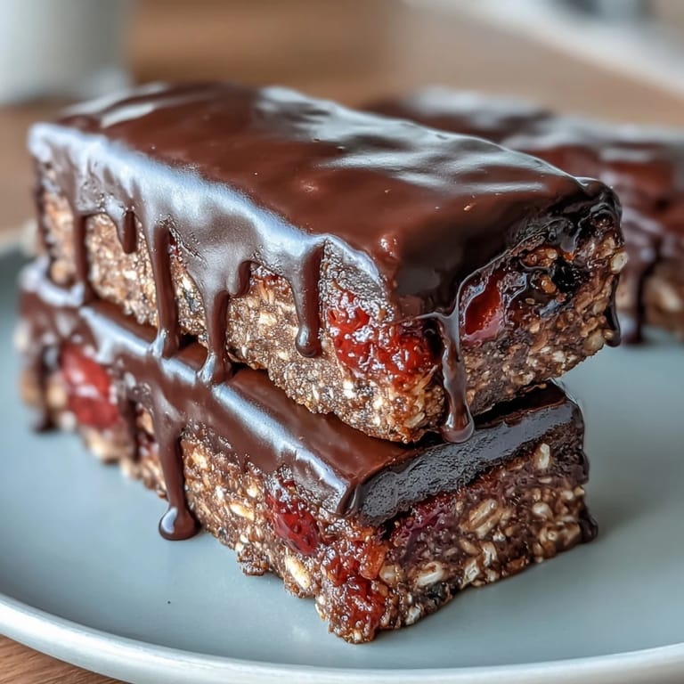Delightful Chocolate-Dipped Strawberry Oat Bars featuring layers of jammy strawberries and crunchy oats, topped with a glossy chocolate finish.