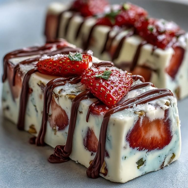 This festive frozen dessert features a smooth yogurt base topped with juicy strawberries and nutty pistachios for a delightful crunch.