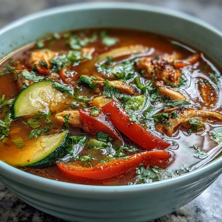 Healthy one-pot fajita soup with zucchini, onions, and smoky spices, perfect for a light Tex-Mex dinner.