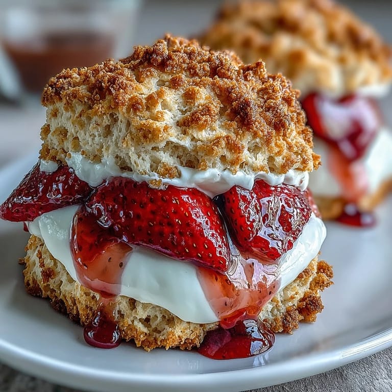 Golden strawberry scones filled with creamy vanilla yogurt and juicy sliced strawberries for a summer dessert.