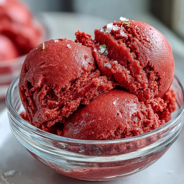 Silky strawberry sorbet infused with zesty lime and a hint of rum, garnished with fresh mint for a tropical-inspired treat.