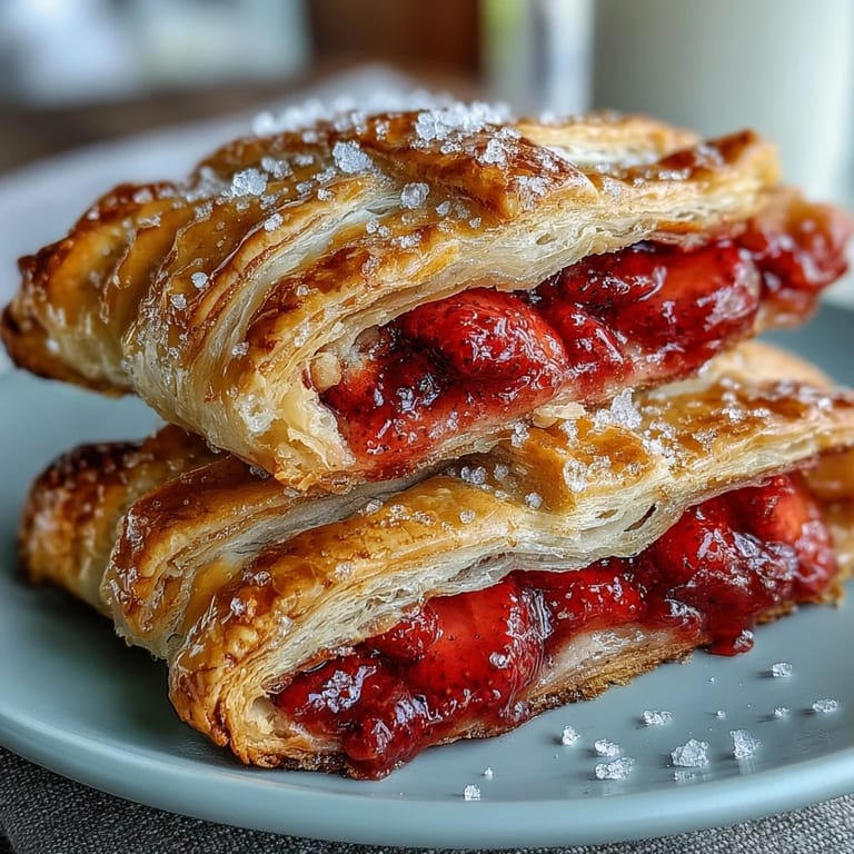 Rustic hand pies filled with vibrant strawberries, each topped with a delicate woven crust and sprinkled with coarse sugar for sparkle.