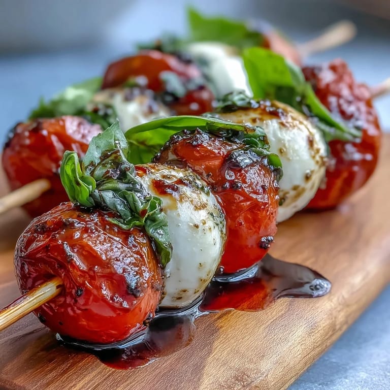 Easy Picnic Caprese Skewers with Balsamic Drizzle, perfect for outdoor gatherings, combining fresh ingredients with a glossy balsamic glaze.