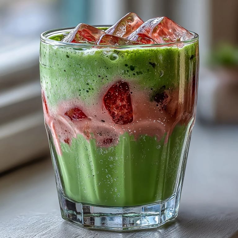 A refreshing vegan strawberry matcha latte with oat milk, garnished with fresh strawberry slices and matcha dust.