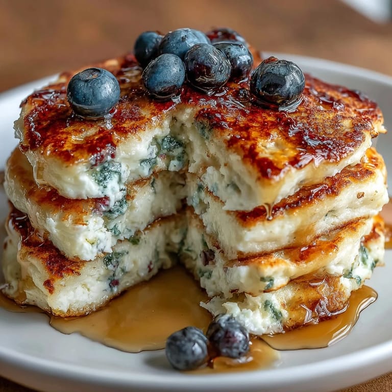 A stack of tender cottage cheese protein pancakes speckled with blueberries, perfect for a high-protein, satisfying morning meal.