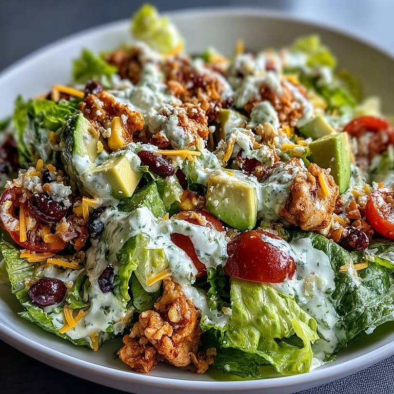 Colorful taco salad bowls layered with crisp romaine, juicy tomatoes, black beans, and avocado, topped with tangy Greek yogurt ranch dressing.  