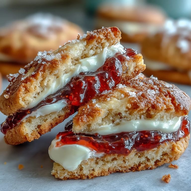 Delicate clotted cream cookies filled with jewel-toned strawberry jam, offering a tender bite and fruity sweetness in every mouthful.