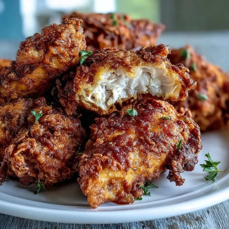 Warm honey butter biscuits alongside perfectly fried chicken, crispy coating glistening under soft kitchen light.