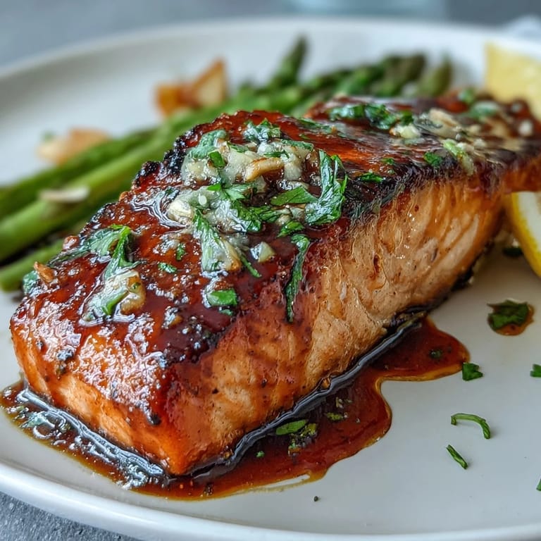Succulent salmon fillets and vibrant asparagus drizzled with rich garlic butter, garnished with fresh lemon slices for a bright finish.
