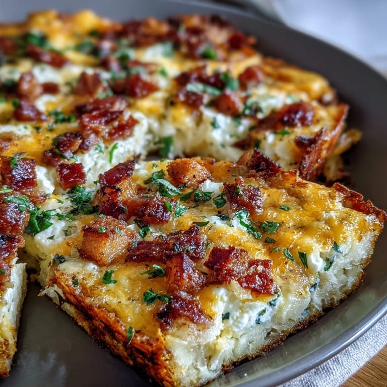 Layered Amish Breakfast Casserole featuring fluffy eggs, savory sausage, melted cheese, and crispy hash browns, perfect for a make-ahead brunch.