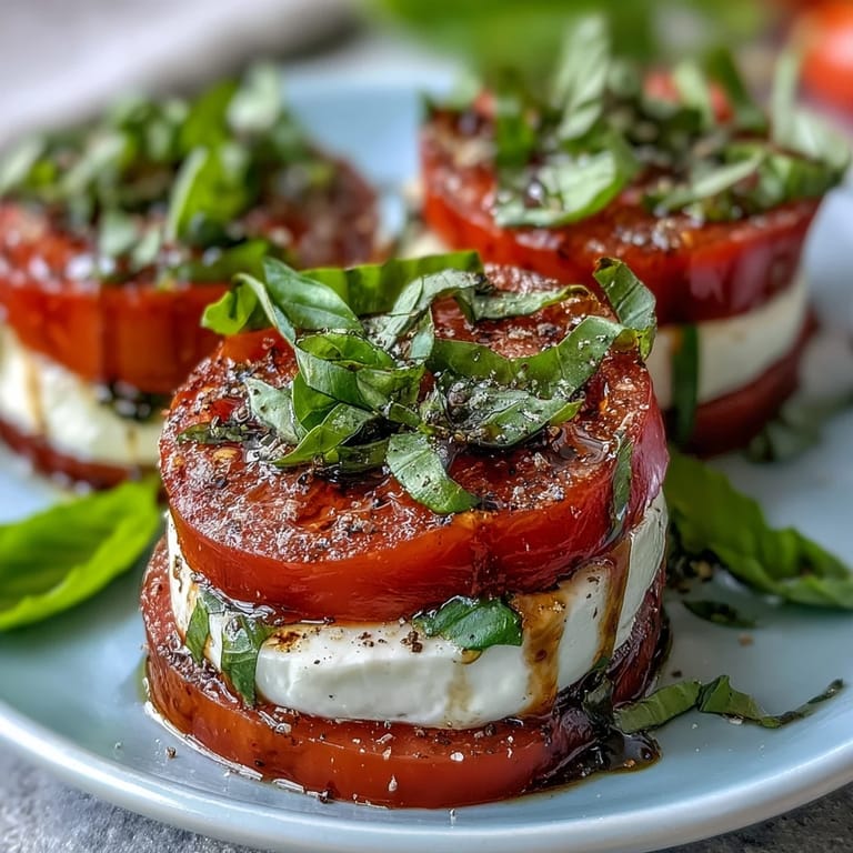 Fresh Caprese Salad with Basil Oil Drizzle - ripe tomatoes, mozzarella, and aromatic basil oil create a colorful summer appetizer.