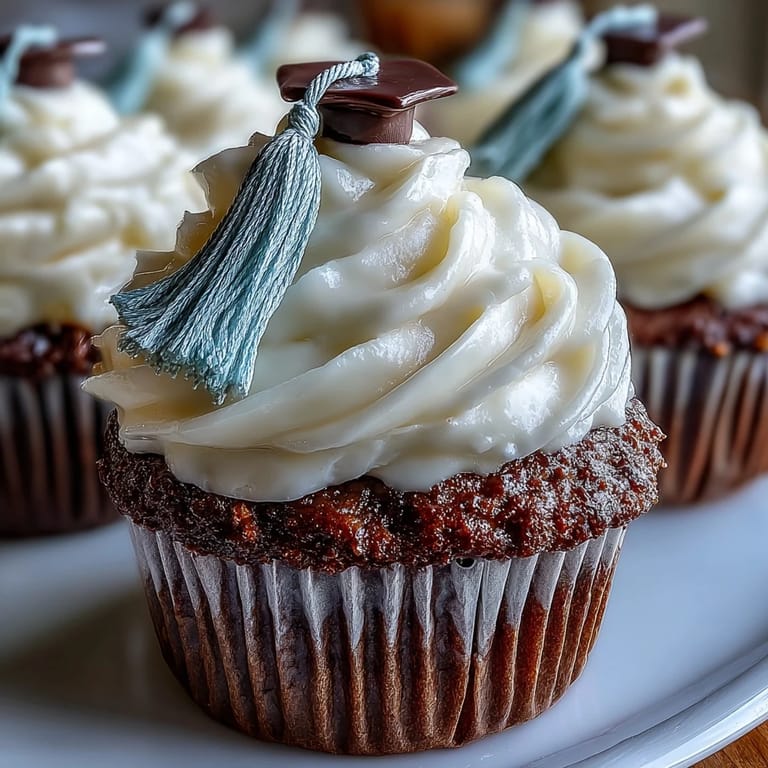 Simple Graduation Cupcakes with Cap Fondant Toppers: buttercream-frosted vanilla cupcakes decorated with black fondant caps and yellow fondant tassels.