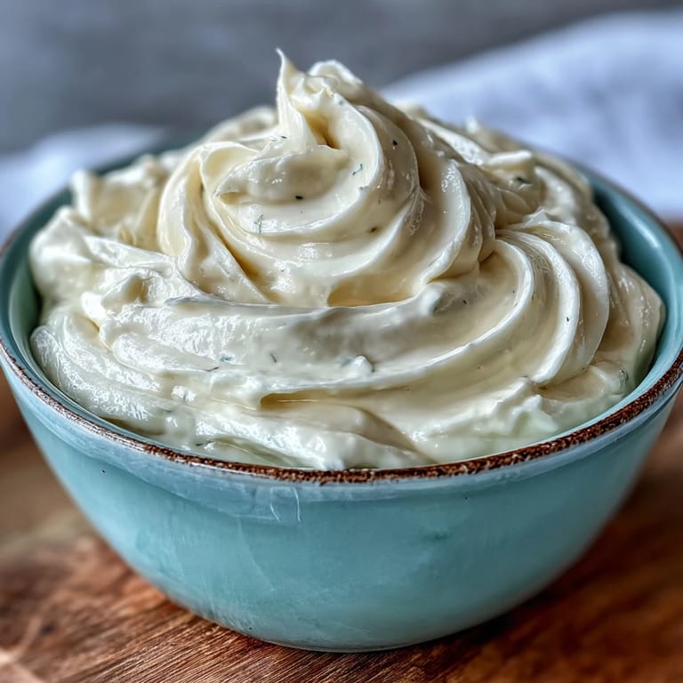 Freshly blended homemade mayonnaise in 5 minutes using an immersion blender, perfect for creamy dips and dressings.