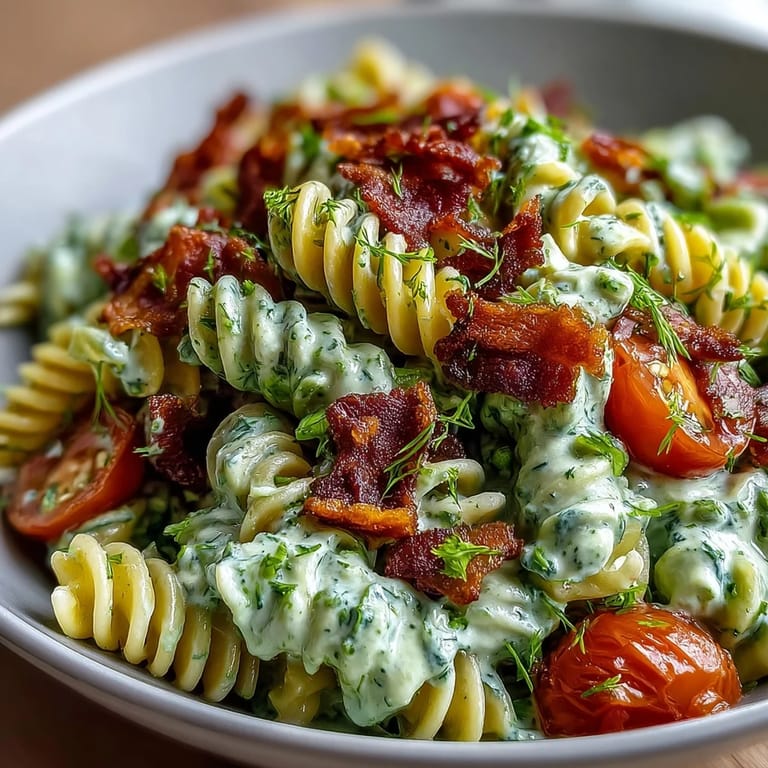 A vibrant BLT Pasta with Avocado Ranch, featuring al dente rotini tossed in rich avocado ranch dressing and topped with bacon and cherry tomatoes.  