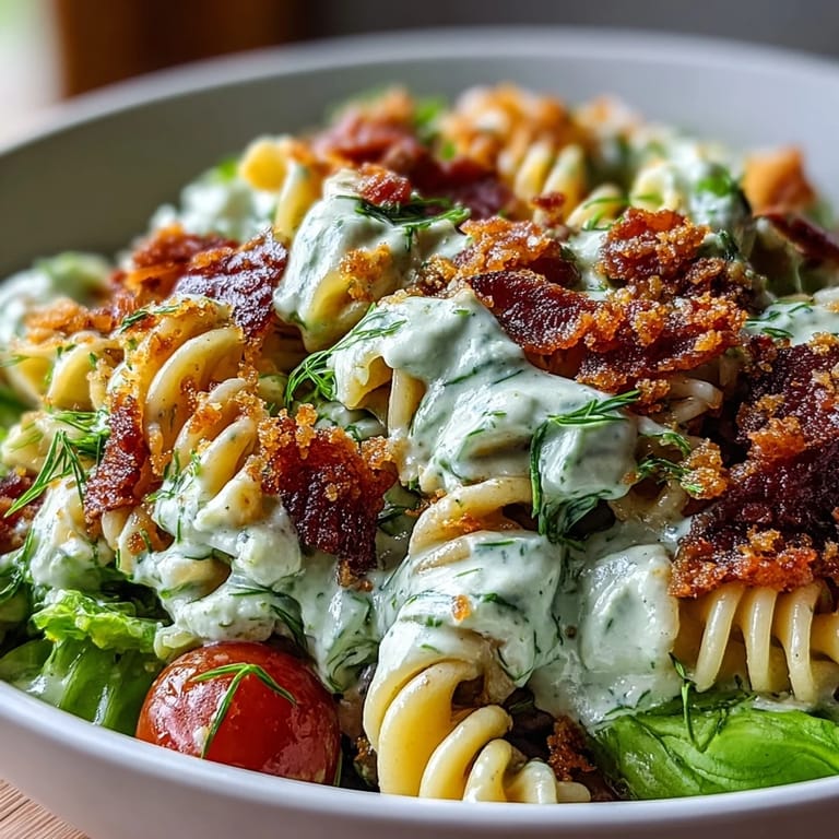 Fresh BLT Pasta with Avocado Ranch, a picnic-ready dish with crunchy bacon, bright lettuce, and a smooth avocado ranch dressing for a satisfying meal.