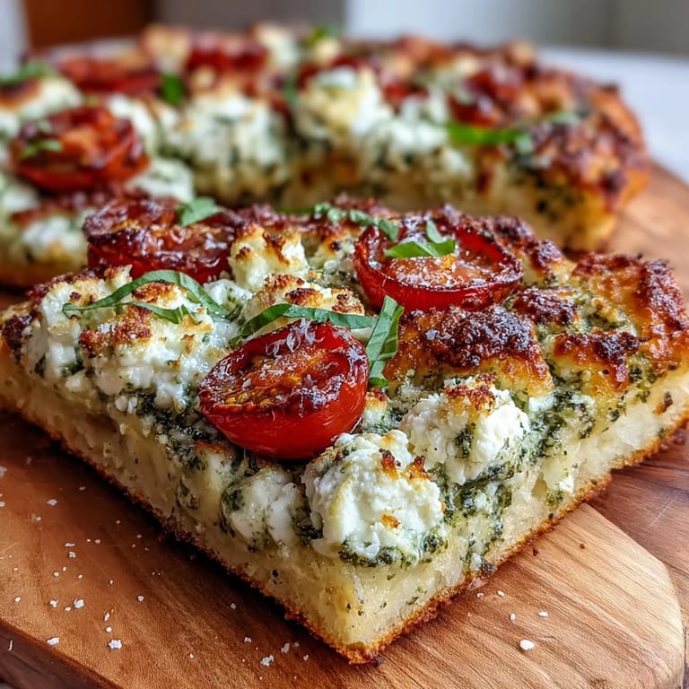 Golden baked cottage cheese flatbread, generously spread with vibrant pesto and juicy tomato halves.