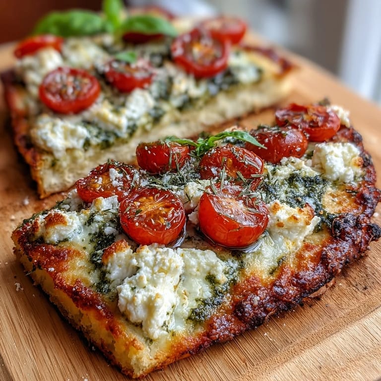 Delicious high-protein cottage cheese flatbread, artfully topped with basil pesto and ripe red tomatoes.