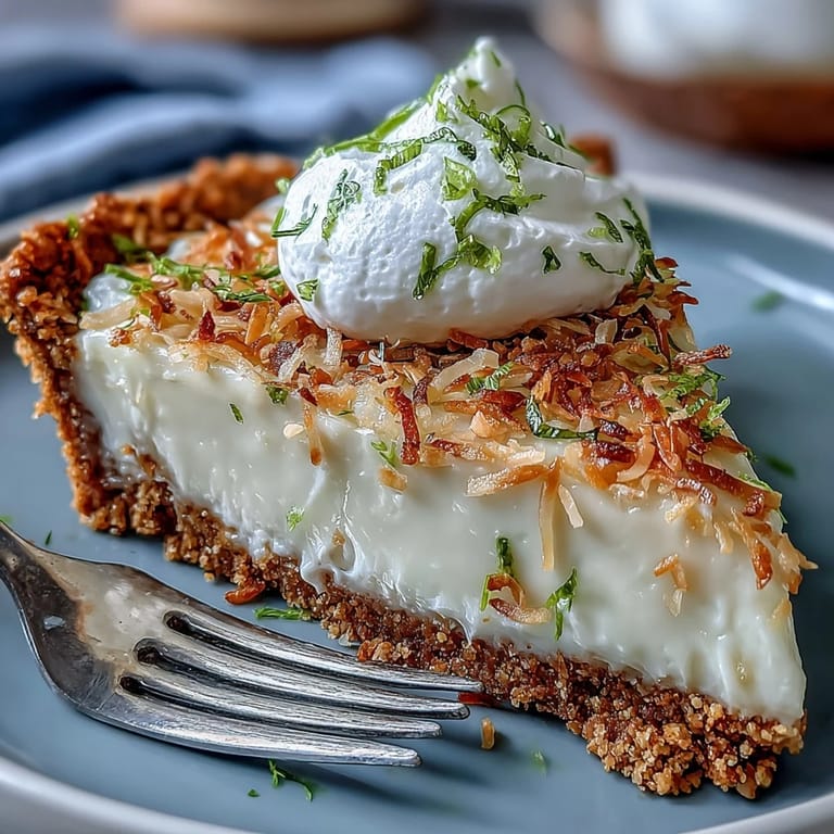 Tangy coconut lime tart, perfectly chilled and topped with toasted coconut and zest.