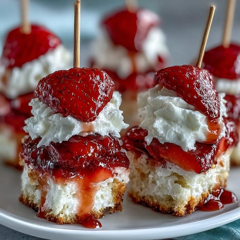 Delectable mini strawberry shortcake bites stacked artfully on festive skewers.