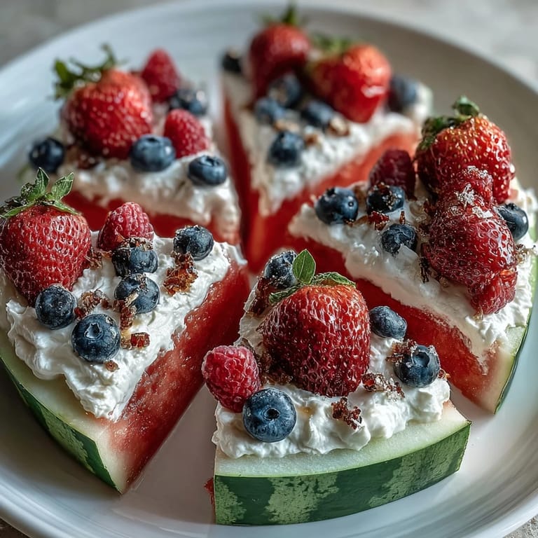 Close-up of bright 4th of July Watermelon Pizza, showcasing fresh fruit and cream.