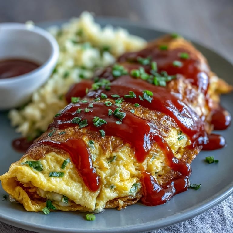 Savory ketchup rice nestled in a tender, golden omelet, ready to be enjoyed.