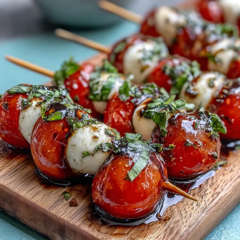 Easy mini Caprese salad skewers, bright and refreshing, ready for any summer gathering.