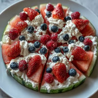 Festive 4th of July Watermelon Pizza topped with berries and creamy frosting.