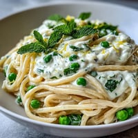Creamy Lemon Ricotta Pasta with vibrant peas and fresh mint, a perfect light meal.